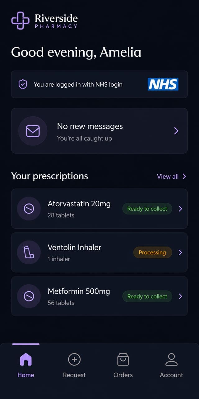 Serene patient app showing prescription status and order tracking